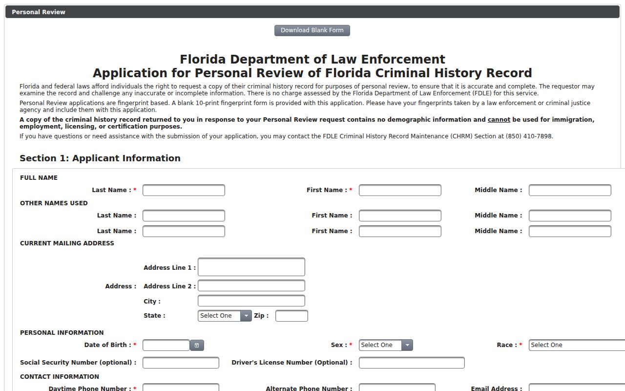 FDLE Personal Review form for an Esto resident checking their own record