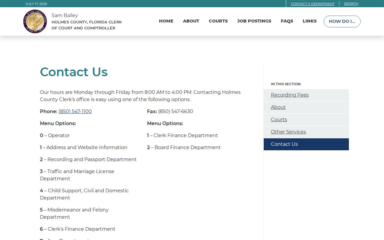Holmes County Clerk contact details and office hours