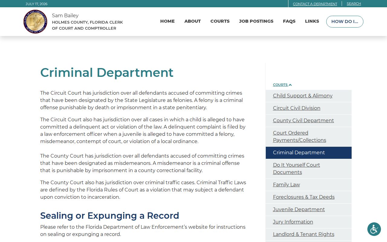 Holmes County Clerk criminal department information