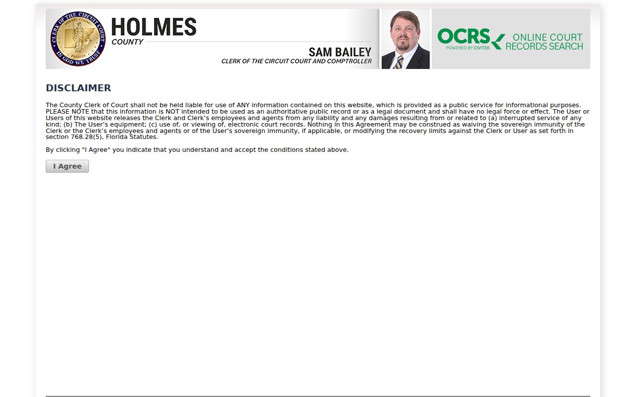 CiviTek OCRS disclaimer for Holmes County court cases