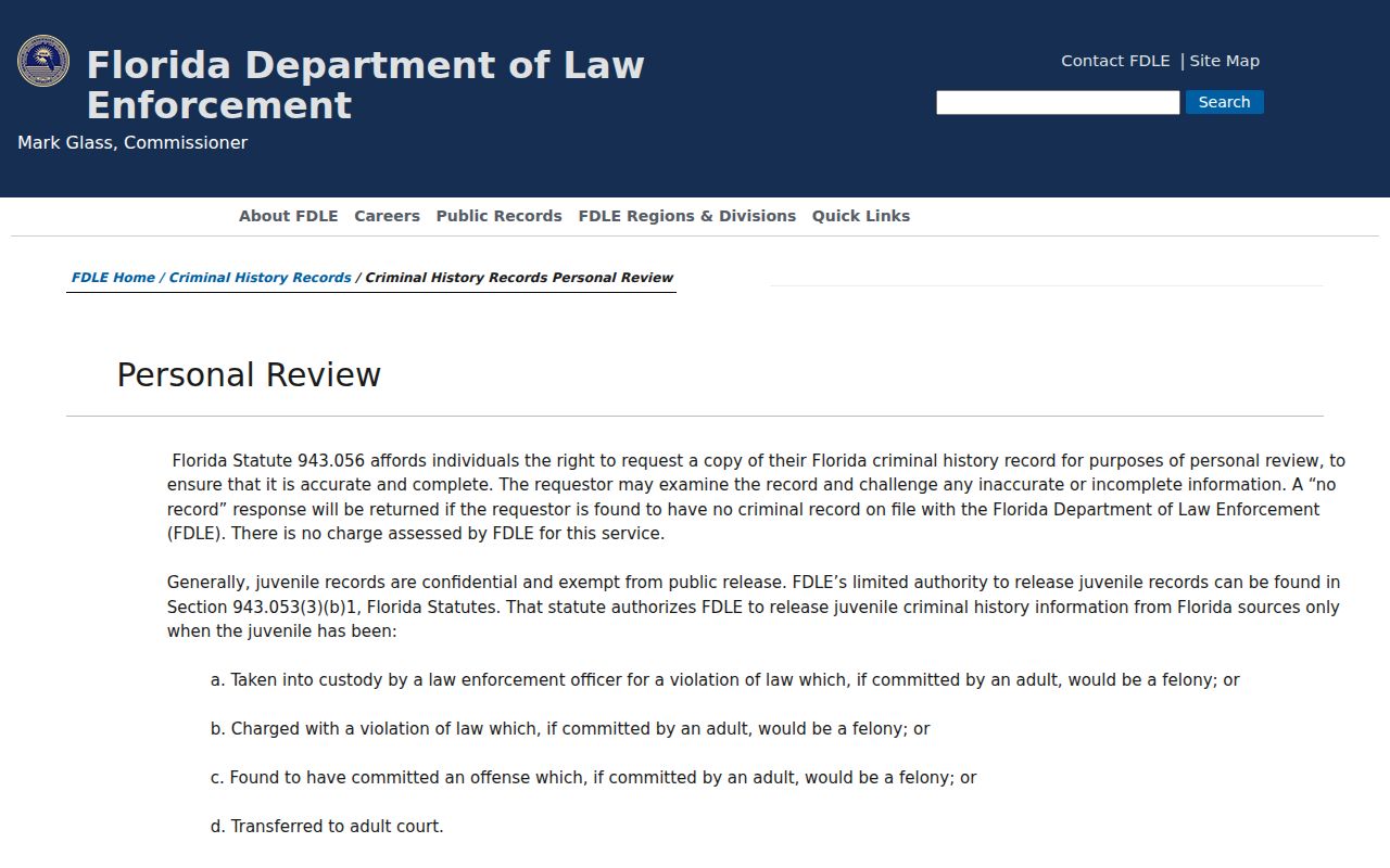 FDLE personal review information related to Holmes County record correction