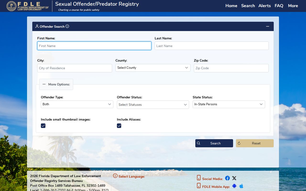 Holmes County sex offender check form on the Florida registry